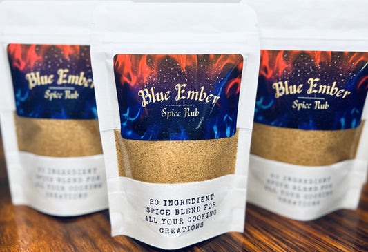 3 bags of Blue Ember Spice Rub with see through window and "20 ingredient spice blend for all your cooking creations" 